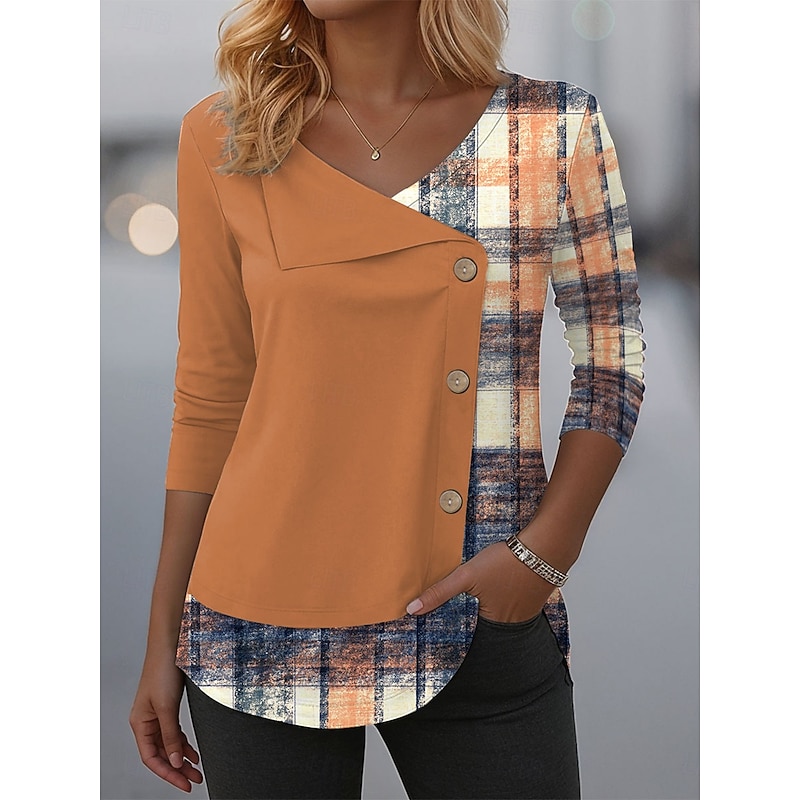 Women's Blouse Tunic V Neck Long Sleeve Buttons Graphic Geometric Plaid Vintage Fashion Stylish Crew Neck Regular Tops Daily Patchwork Print Blue Purple Orange Green Spring Fall Winter