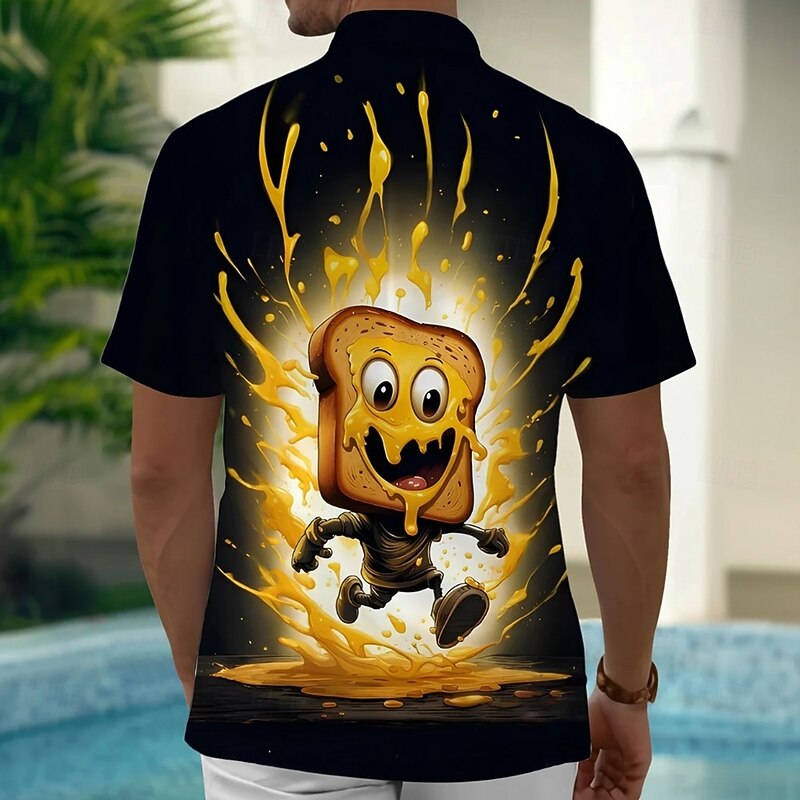 Men's Cartoon Toast & Butter Shirt Summer Shirt Button Up Shirt Short Sleeve Funny Outdoor Vacation Dailywear Summer Spring Turndown 3D Print Collared Shirts Front One Pocket Black2