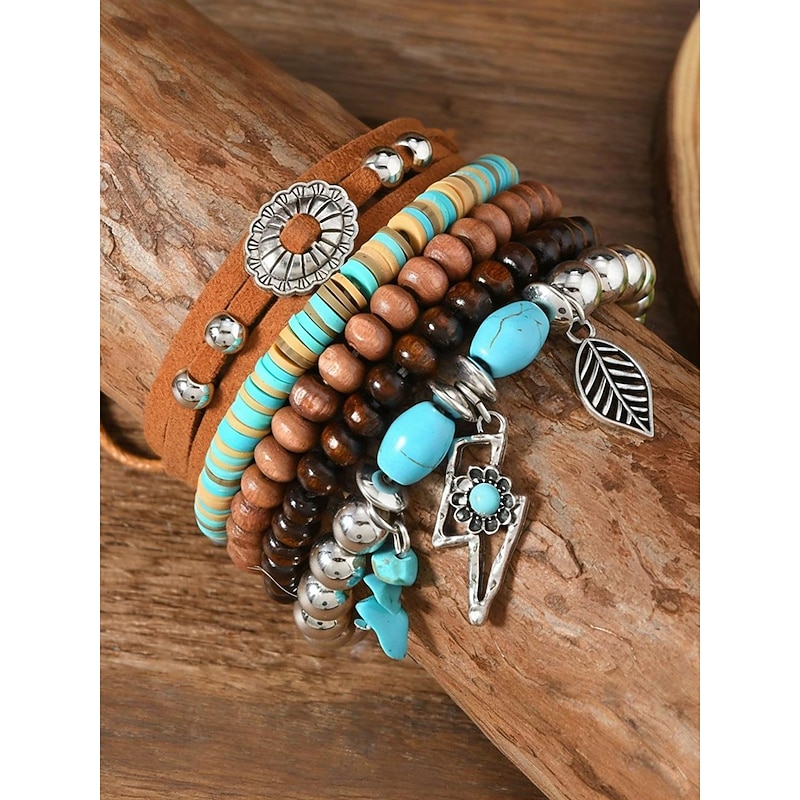 Women's Boho Beaded Layered Charm Bracelet Set – Vintage Style Wooden, Turquoise, and Suede Leather Bracelets with Leaf and Geometric Pendants, Ideal for Casual Wear, Festivals and Beach Vacations3
