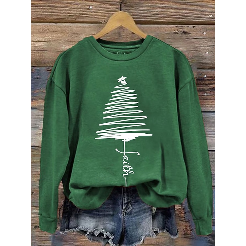 Women's Sweatshirts Graphic Christmas Tree Letter Casual Long Sleeve Crew Neck Regular Tops Street Dailywear Casual Print Black Pink Red Blue Green Fall Winter