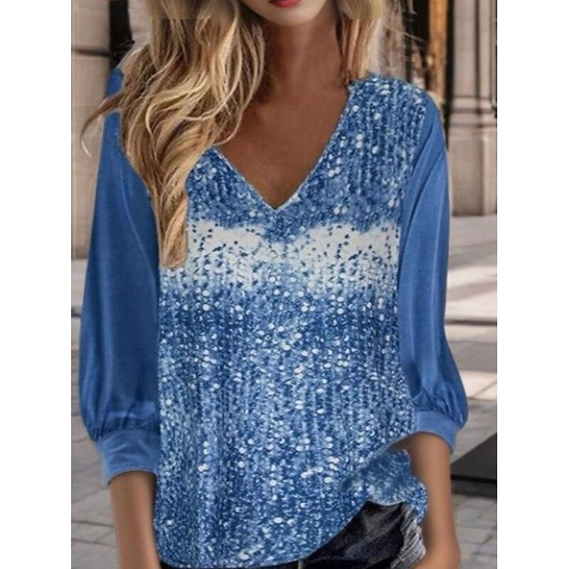 Women's Sequin Sparkly Party Glitter Sparkly Stylish Long Sleeve V Neck Regular Tops Daily Holiday Print Asymmetric Hem Silver Pink Blue Green Spring Fall2
