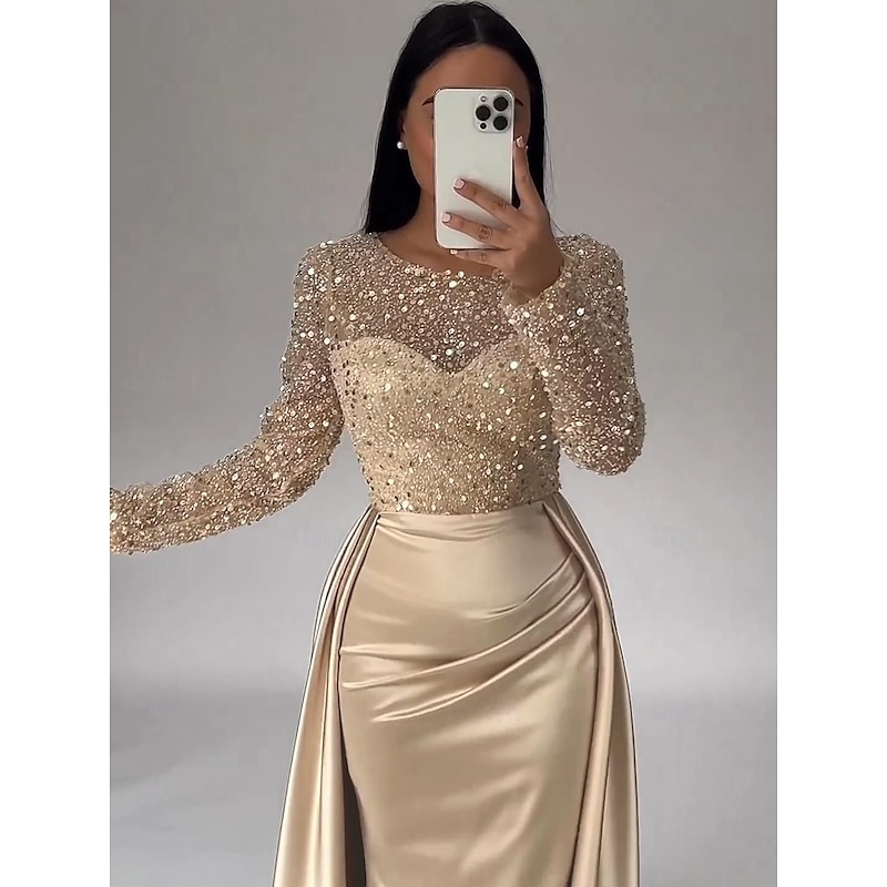 Mermaid Sequin Evening Gown RuchedSatin Dress Long Sleeves Masquerade Floor Length Illusion Neck with Pearls Overskirt dress
