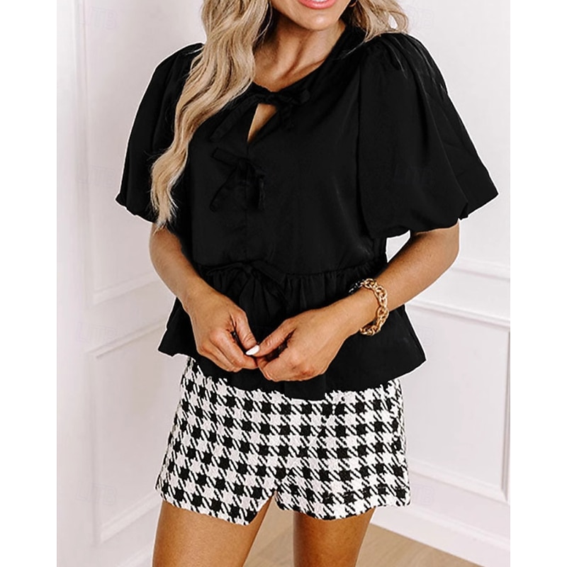 Women's Texture Blouse Blouse Plain Modern Casual Short Sleeve Crew Neck Regular Tops Daily Holiday Going out Eyelet Black Fall