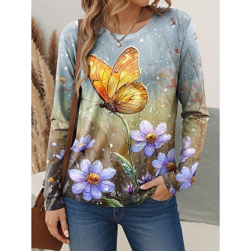 Women's T shirt Crew Neck Long Sleeve Tunic Floral Graphic Butterfly Vintage Stylish Classic  Regular Tops Daily Weekend Print Blue Spring Fall