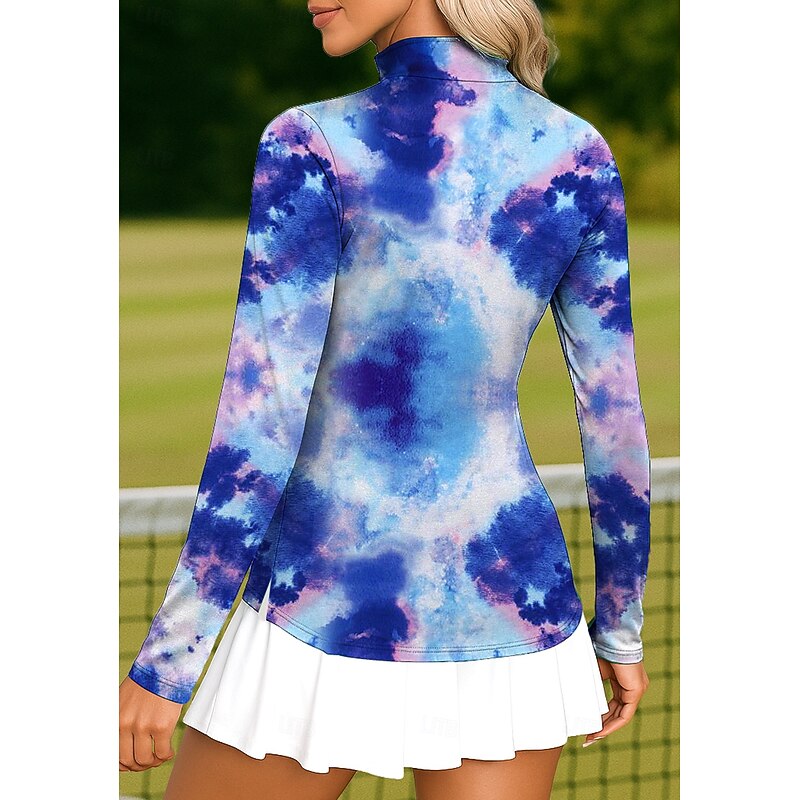 Women's Tie Dye Golf Polo Shirt Tennis Shirt Tennis Tee Long Sleeve Print Quarter Zip Pullover UPF50+ UV Protection Elastic Breathable Tennis Golf Badminton Standing Collar Zip Collar Shirt Polo Blue2