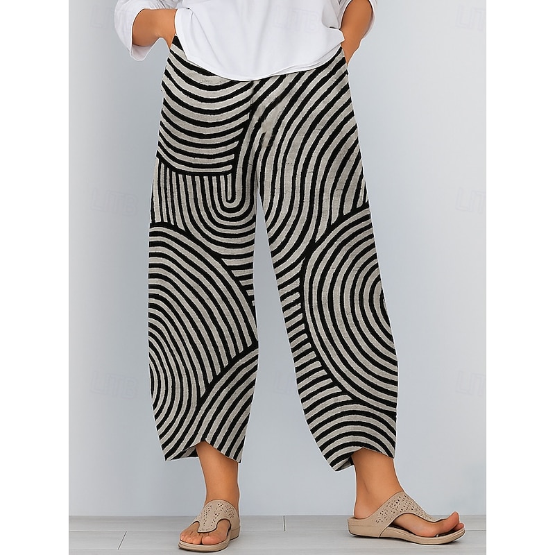 Women's Slacks Pants Trousers Vacation Vintage Ethnic Style Ankle-Length High Waist Graphic Abstract Geometic Elastic Waistband Comfy Breathability Soft Inelastic Outdoor Street Daily Dark Gray Black2