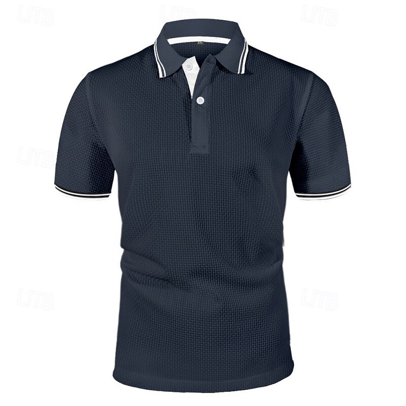 Men's Waffle Polo Shirts Golf Shirt Work Casual Lapel Short Sleeve Basic Modern Textured Buttons Jacquard Summer Regular Fit Black White Black Dark Blue Navy Blue Waffle Polo Shirts2