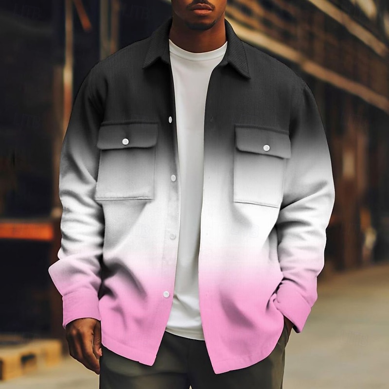 Men's Gradient Color Corduroy Shirt Shacket Shirt Jacket Long Sleeve Casual Outdoor Dailywear Fall Winter Turndown Button-Down Warm Jacket with Flap Pockets Pink Red Blue Purple Green3
