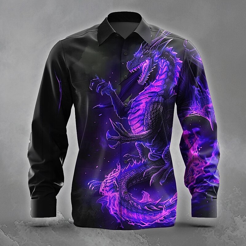 Men's Animal Dragon Flame Shirt Button Up Shirt Long Sleeve Dark Gothic Style Holiday Streetwear Summer Spring Turndown 3D Print Collared Shirts Purple Orange Green2
