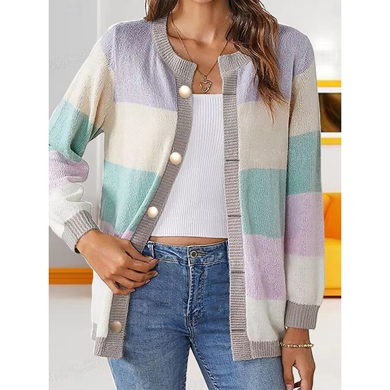 Women's Cardigan Daily Stylish Vintage Style Geometric Ribbed Crew Neck Buttons Knitted Print Long Sleeve Regular Tops Knit Outdoor Daily Pink Blue Fall Winter4