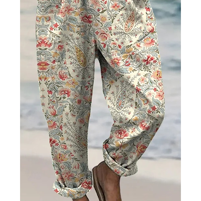 Women's Normal Jumpsuit Streetwear Floral Short Sleeve Wide Leg U Neck Pocket Print Street Daily Regular Fit Khaki Summer3