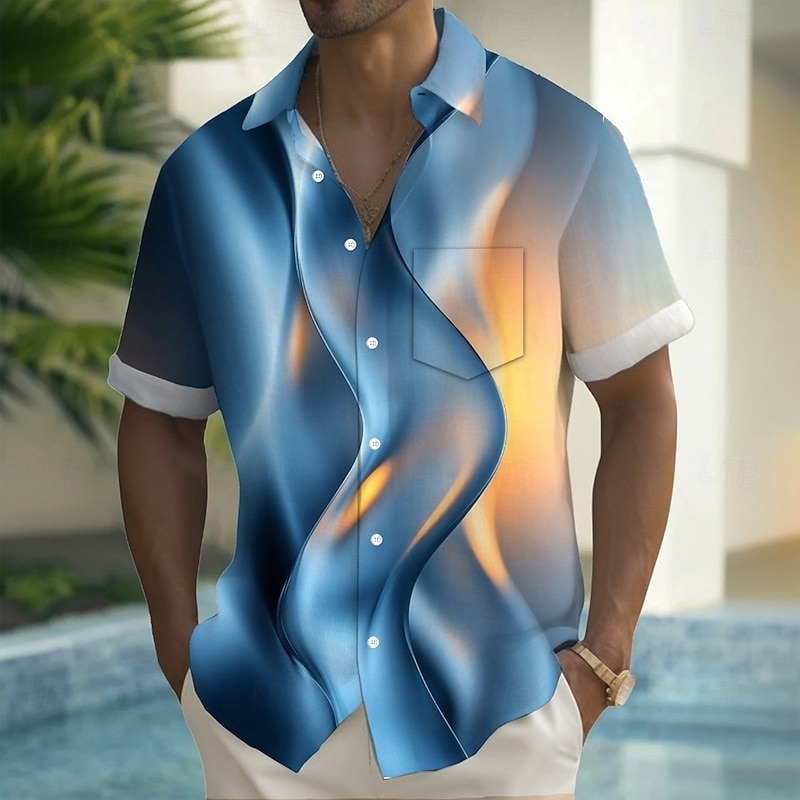 Men's Gradient Waves Color-blocking Shirt Summer Shirt Button Up Shirt Short Sleeve Fashion Casual Outdoor Vacation Dailywear Summer Spring Turndown 3D Print Collared Shirts Front One Pocket Blue Gray