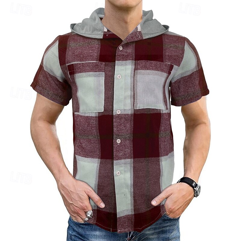 Men's Shirt Summer Shirt Casual Shirt Beach Shirt Button Up Shirt Red Blue Brown Green Short Sleeve Plaid Hooded Vacation Hawaiian Pocket Clothing Apparel Polyester Fashion Casual Comfortable