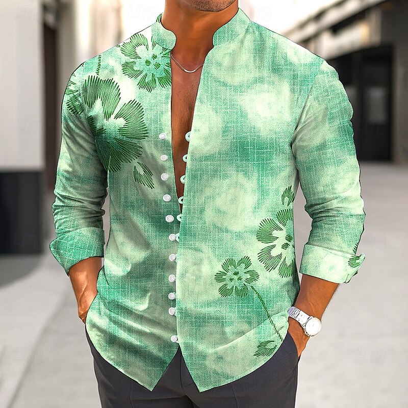 Men's Floral Print Tropical Flowers Shirt Aloha Shirt Stand Collar Shirt Long Sleeve Hawaiian Vacation Daily Wear Going out Spring Fall Mandarin Collar Band Collar Button-Down Linen Like Shirt Blue2