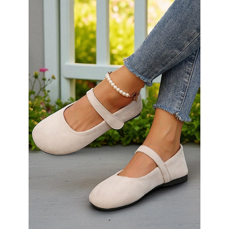 Women's Beige Wide Toe Mary Jane Flats – Soft Faux Suede Comfort Shoes for Casual Outings, Garden Strolls and Daily Wear