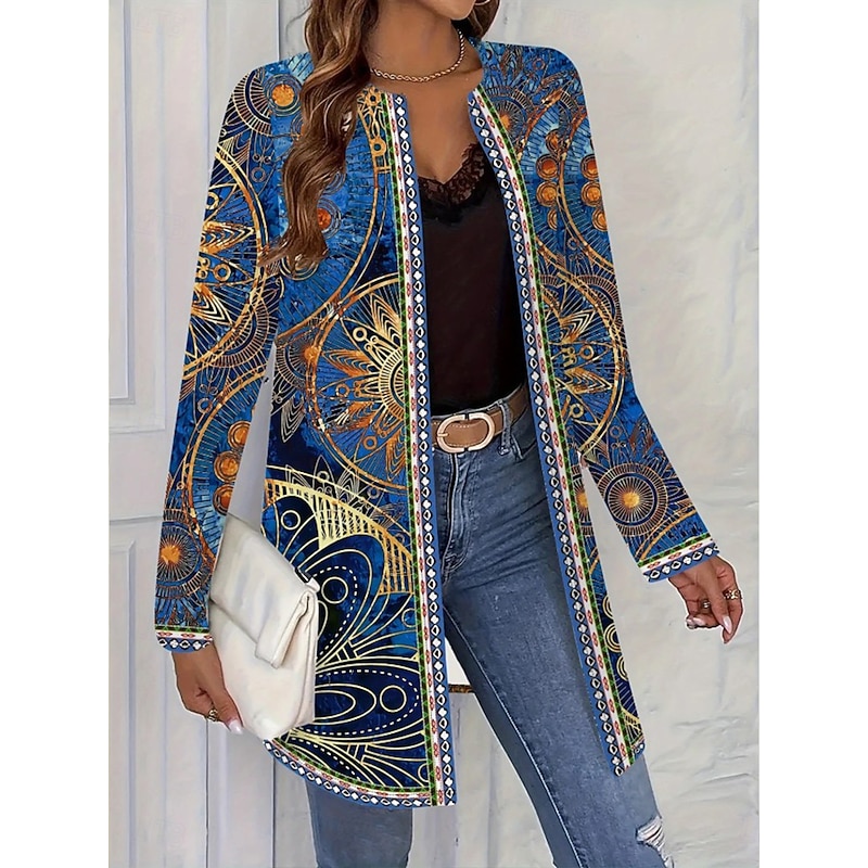Women's Casual Jacket Lightweight Print Open Front Elegant Active Vintage Fashion Geometric Outdoor Vacation Party Work Long Crewneck Regular Fit Long Sleeve Outerwear Blue Spring Fall