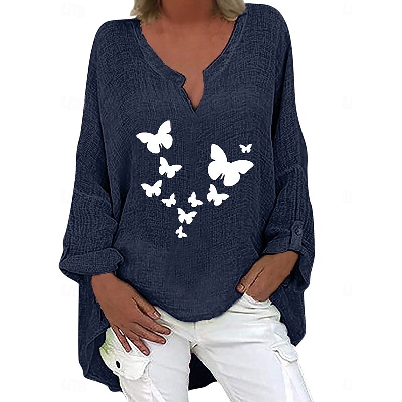 Women's Cotton Shirts Butterfly Stylish Basic Casual Long Sleeve V Neck Regular Tops Daily Print Black Navy Blue Sky Blue Summer Winter3