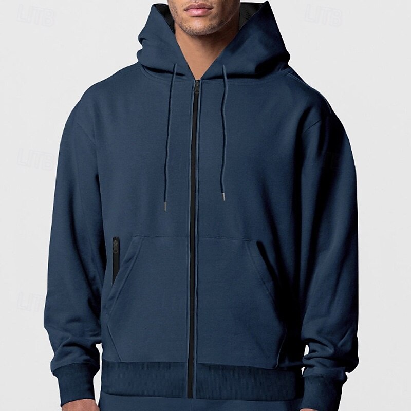 Men's Hoodie Fleece Hoodie Black Navy Blue Khaki Gray Hooded Plain Zip Up Front Pocket Sports & Outdoor Casual Daily Streetwear Cool Designer Fall & Winter Clothing Apparel Hoodies Sweatshirts  Long4