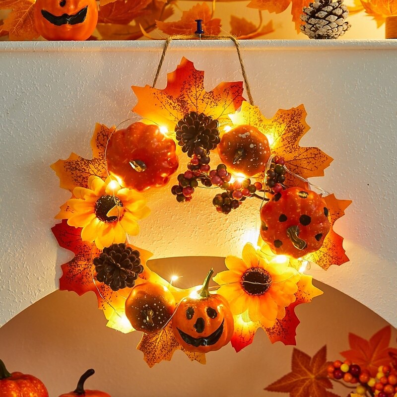 Halloween Fall Ornament with Halloween Wreath featuring Maple Leaves and Pumpkin for Door Hanging, Harvest Festival Scene Decoration for Spooky Autumn Halloween3