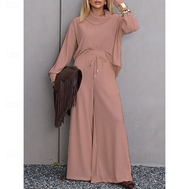 Women's Elegant Vintage Fashion Pants Sets Bolero Top Long Sleeve Turtleneck Solid Color Casual Daily Date Rose Gold White Champagne Fall Loose Fit3