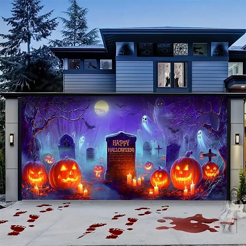 Halloween Garage Door Cover Neon Cemetery with Pumpkins Banner, Glowing Blacklight Backdrop Decoration for Holiday Outdoor Garage Door and Home Wall, 2025 Halloween Decorations4