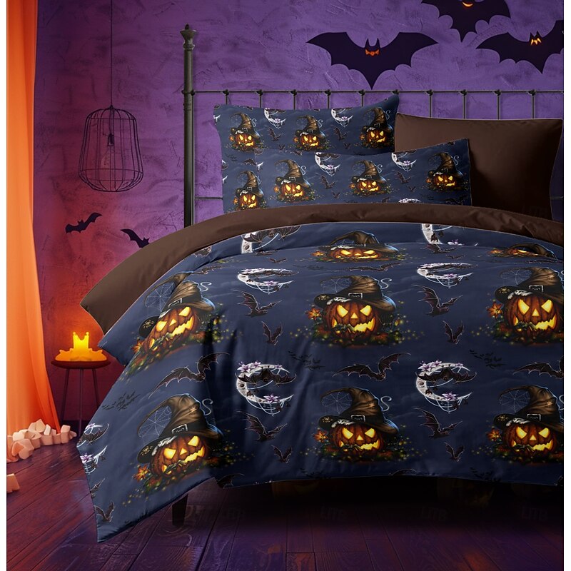 Halloween Duvet Cover Halloween Pattern by Sarah Richter Bedding Set 3-Piece Comforter Cover Set with Zipper Closure, Soft and Lightweight, Holiday Bedroom Decoration