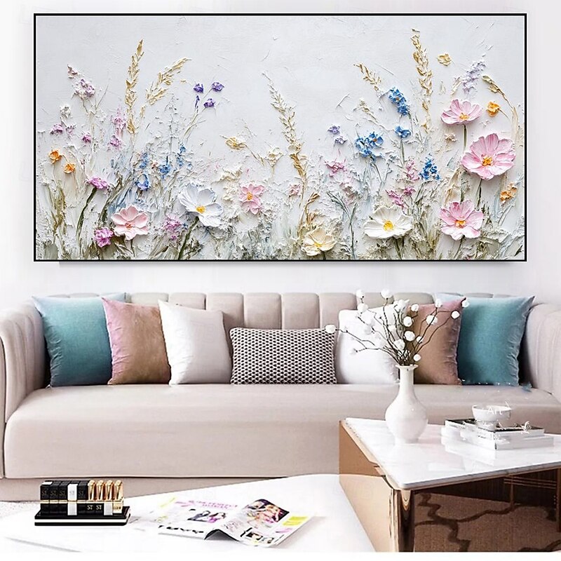 Handmade Oil Painting Hand Painted Horizontal Abstract 3D Color Palette Knife Floral / Botanical Modern Rolled Canvas (No Frame)