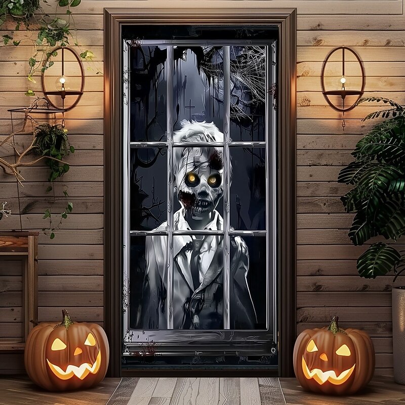 Halloween Door Cover – Creepy Zombie Man at Window, Haunted House Entrance Banner, Scary Outdoor & Indoor 2025 Halloween Decoration for Bedroom, Living Room, Bathroom2
