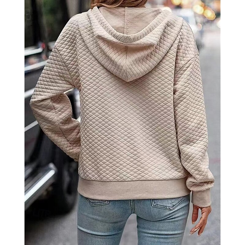 Women's Texture Sweatshirt Waffle Sweatshirt  Pullover Hoodie Sweatshirt Plain Streetwear Casual Comfy Long Sleeve Hooded Regular Tops Street Holiday Going out Buttons Beige Fall3