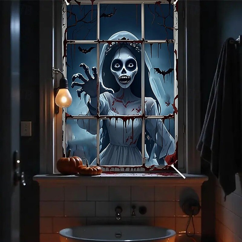 Halloween Window Curtain Creepy Skeleton Peeking Through Window, Scary , Scary Door Cover, Window cover,  Wall Tapestry for 2025 Halloween Haunted House Spooky Home Decoration3