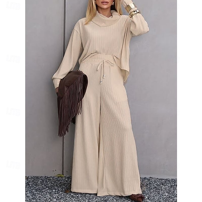 Women's Elegant Vintage Fashion Pants Sets Bolero Top Long Sleeve Turtleneck Solid Color Casual Daily Date Rose Gold White Champagne Fall Loose Fit