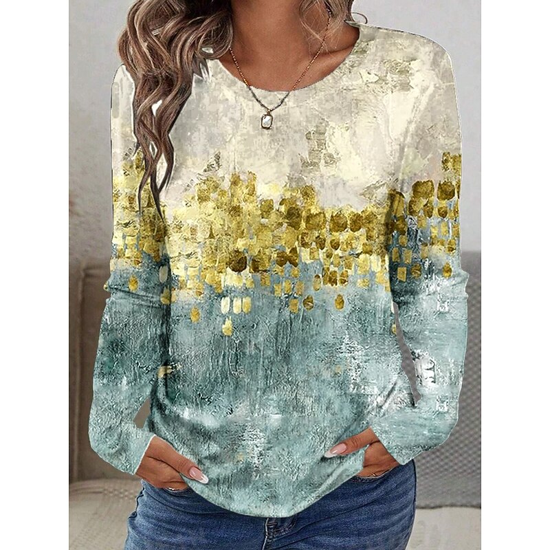 Women's T shirt Crew Neck Long Sleeve Tunic Ombre Graphic Texture Vintage Stylish Classic  Round Neck Regular Tops Daily Print Jade Fall