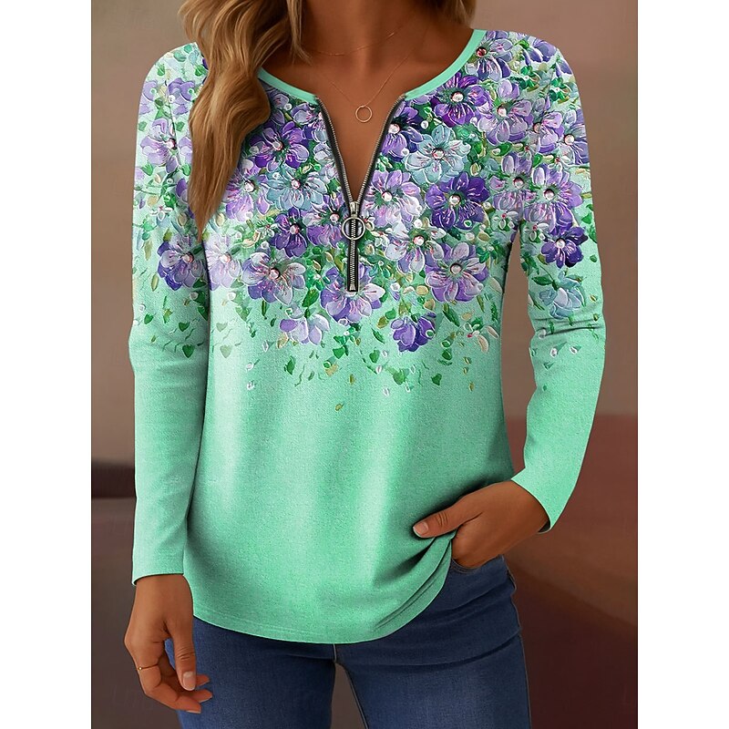 Women's T shirt Long Sleeve Quarter Zip Long Sleeve Casual Floral Graphic Gradient Elegant Vintage Stylish V Neck Regular Tops Daily Yellow Pink Blue Purple Green Spring Fall Prefall4