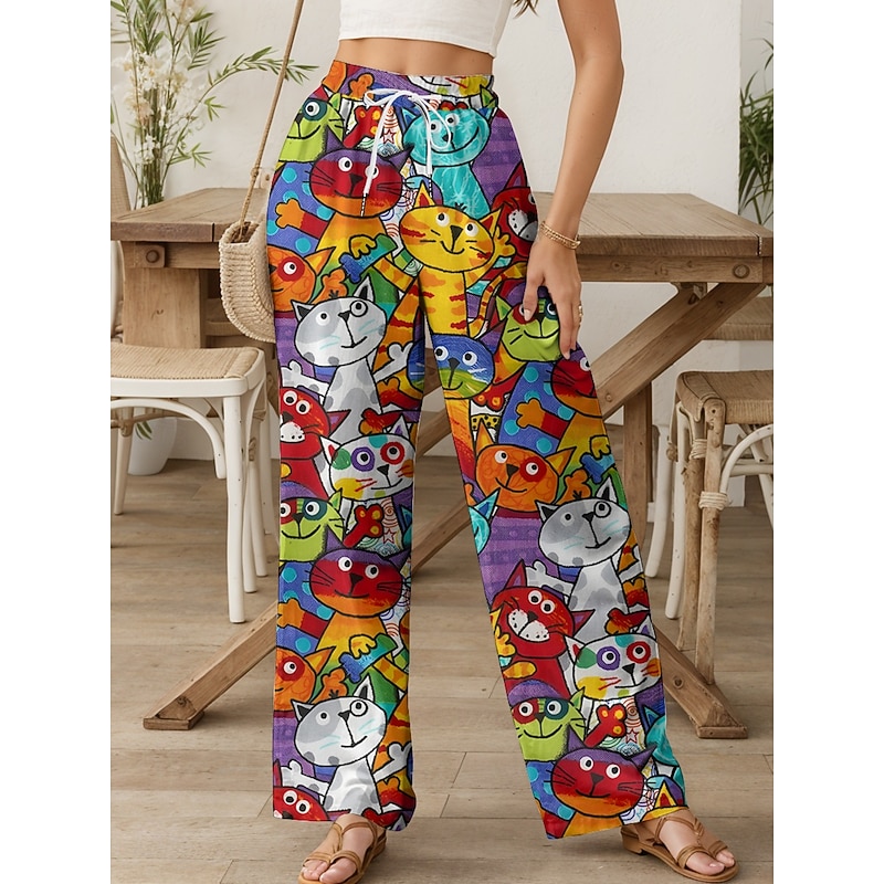 Women's Wide Leg Chinos Baggy Pants Vacation Vintage Fashion Full Length High Waist Graphic Animal Cat Printing Soft Breathable Micro-elastic Formal Outdoor Vacation Yellow Red Blue Purple Summer