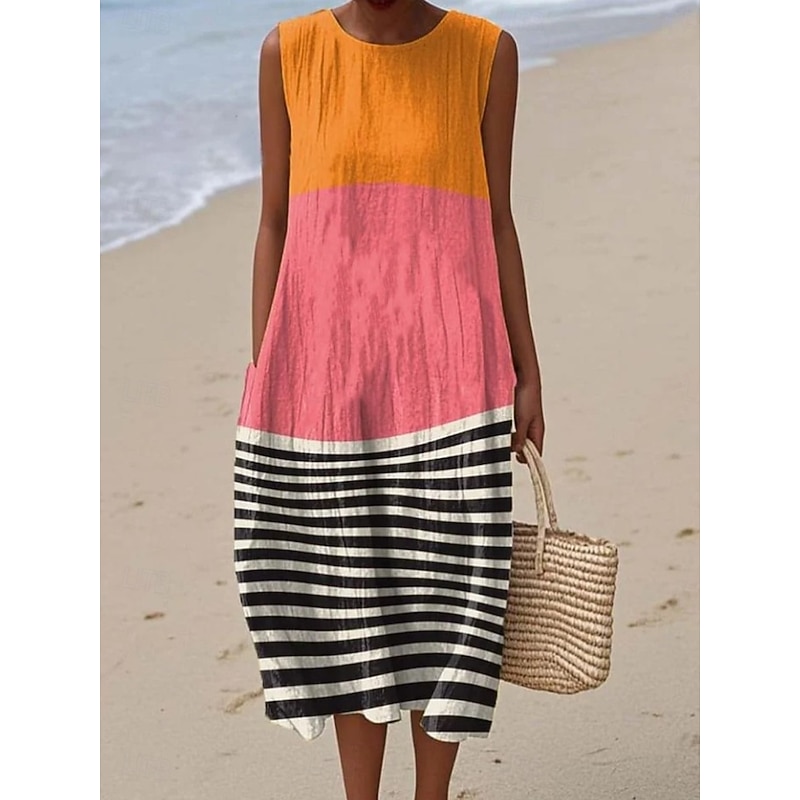 Women's Midi Dress Sundress Shift Dress A Line Dress Vacation Casual Boho Going out Beach Loose Fit Graphic Geometric Sleeveless Crewneck Pink Dark Pink Blue Purple Summer Spring4