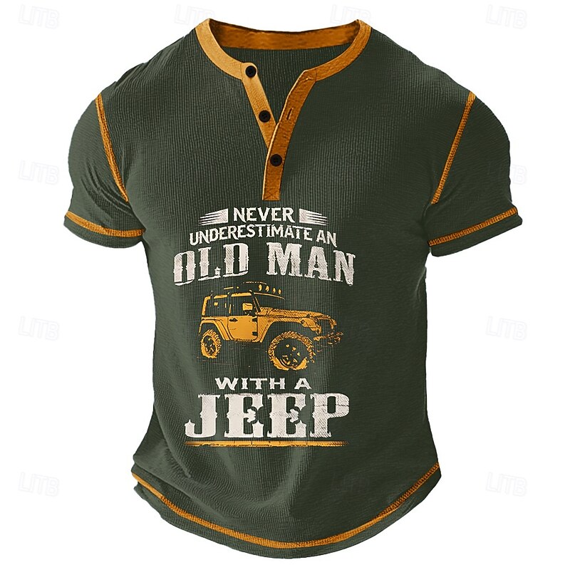 Men's Short Sleeve Henley T-Shirt - "Never Underestimate An Old Man With A Jeep" Graphic Tee3