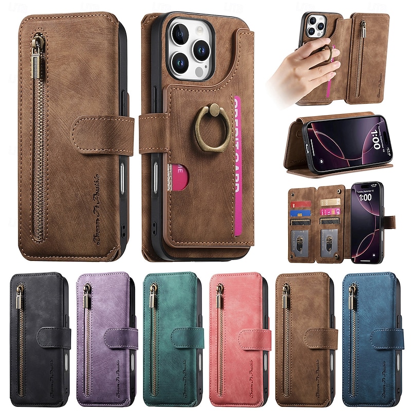 Phone Case For iPhone 17 Pro Max 17 Air 16 Pro Max Plus 16 16 Plus iPhone 16 Pro 15 15 Pro Max 15 14 Pro Max Plus 13 Pro Max Wallet Case Zipper Kickstand Card Slot Retro TPU Nylon PU Leather2