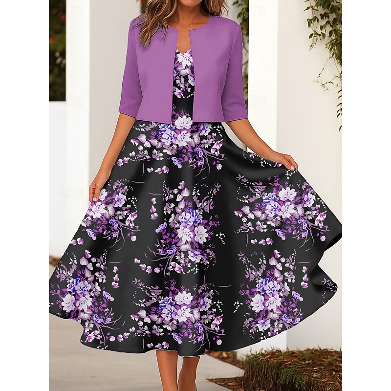 Women's Two Piece Dress Sets Midi Dress with Jacket Elegant A Line Dress Half Sleeve Party Floral Print 3/4 Length Sleeve Crew Neck Daily Yellow Blue Purple Spring Fall Regular Fit
