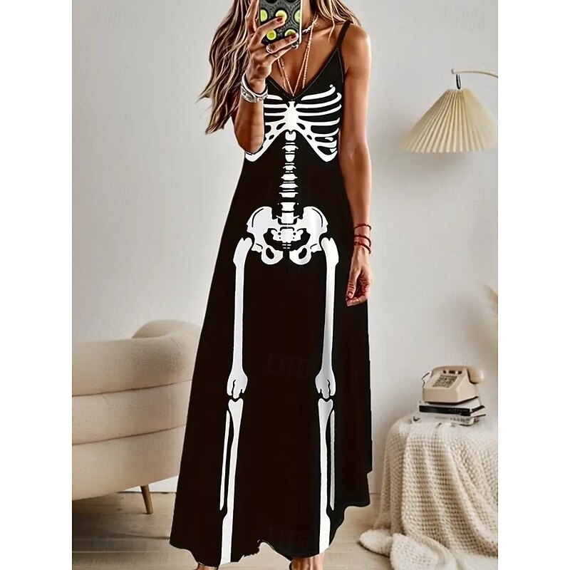 Halloween Women's Skulls Print Midi Dress Sundress A Line Dress Slip Dress Vacation Casual Vacation Daily Beach  Graphic Leaf Tropical Sleeveless V Neck Black And White Light Yellow Black White4