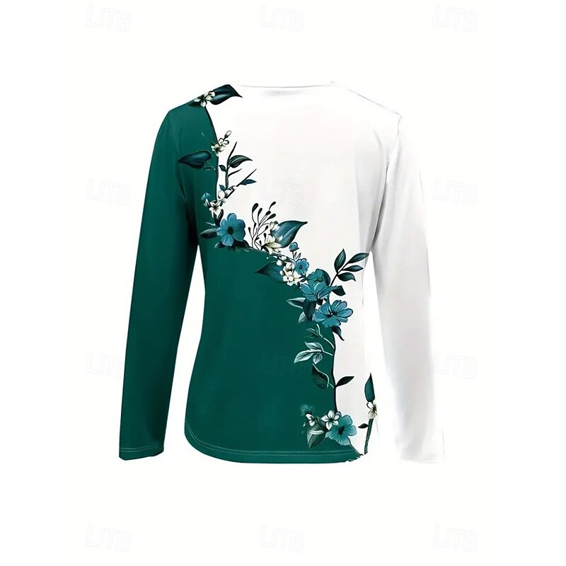 Women's T Shirt Quarter Zip Long Sleeve Casual Floral Graphic Elegant Vintage Stylish V Neck Regular Tops Daily Blue Green Spring Fall4