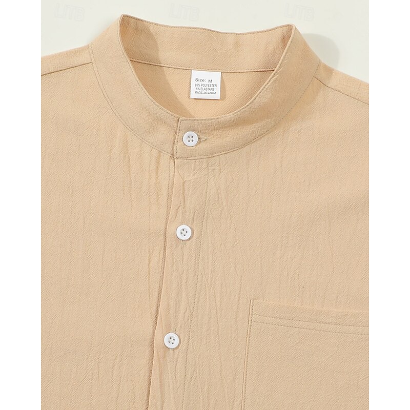 Men's Shirt Linen Shirt Casual Shirt Button Up Shirt Cotton Shirt Plain Vacation Hawaiian Black White Yellow Navy Blue Long Sleeve Band Collar Spring Fall Clothing Apparel Pocket2