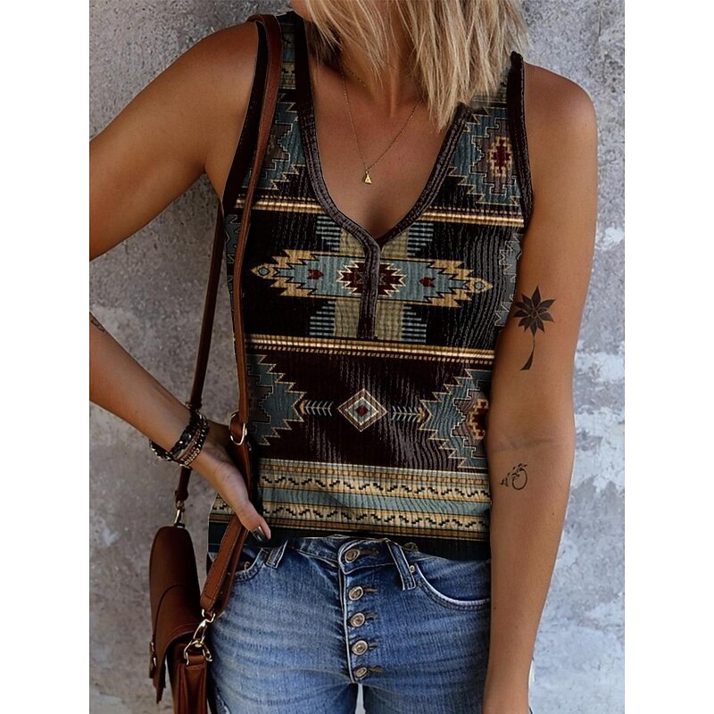 Women's Camisole Tank Top Graphic Geometric Vintage Stylish Ethnic Sleeveless V Neck Regular Tops Daily Print Black Navy Blue Blue Orange Brown Summer Spring3