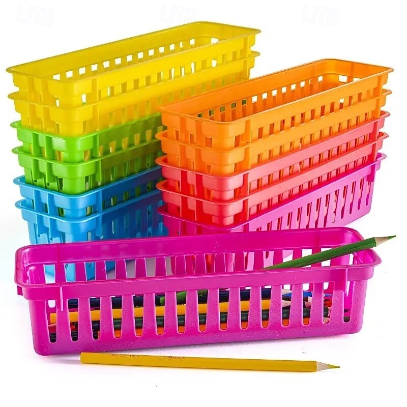 12pcs Classroom Pencil Storage Boxes Back To School Gift, Rectangular Extra-Long Plastic Desk Organizers in 6 Colors, Crayon and Stationery Holder for Teacher, Office, Home, Back to School, and Art Supplies2