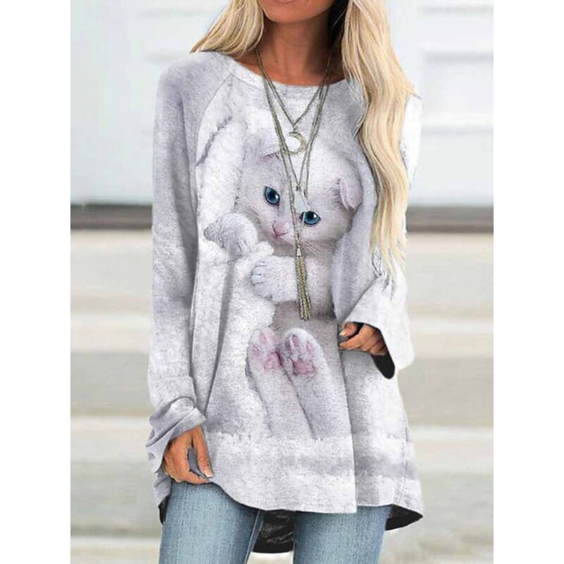 Women's T Shirt Graphic Animal Cat Vintage Cute Stylish Long Sleeve Crew Neck Round Neck Long Tops Daily Print White Pink Blue Spring Fall2