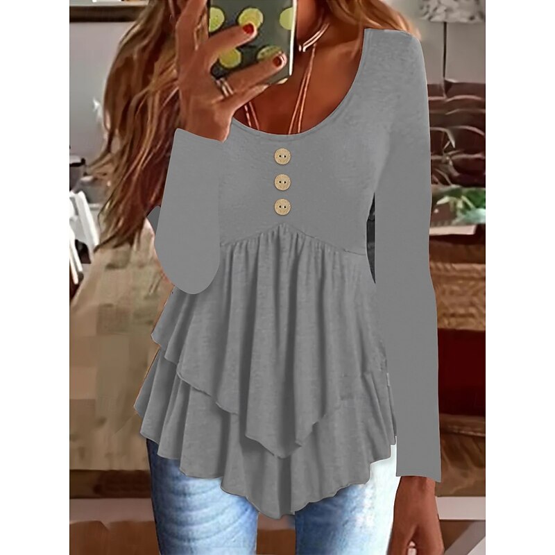 Women's Blouse Peplum Solid Color Stylish Casual Long Sleeve Crew Neck Regular Tops Daily Ruffle Buttons Black White Light Green Sky Blue Orange Summer Spring Fall
