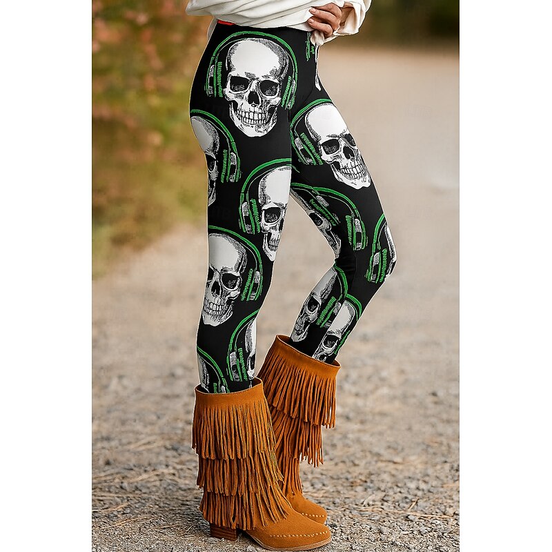 Women's Leggings Vacation Vintage Ethnic Style Ankle-Length High WaistPantsHalloween Skull 3D Print Quick Dry Breathability Soft Stretchy Formal Outdoor Vacation Red Purple Orange Green Fall Regular3