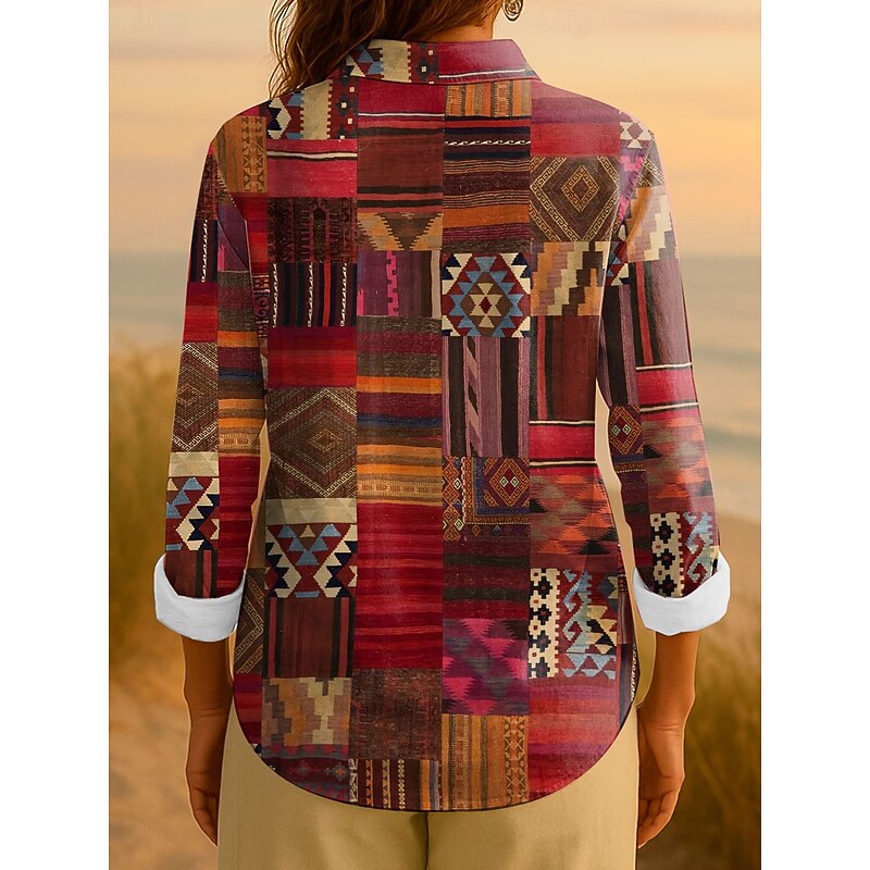 Women's Shirt Button Down Tunic Shirt Collar Long Sleeve Graphic Geometric Striped Vintage Tropical Daily Regular Tops Work Daily Patchwork s Print Red Blue Purple Orange Spring2