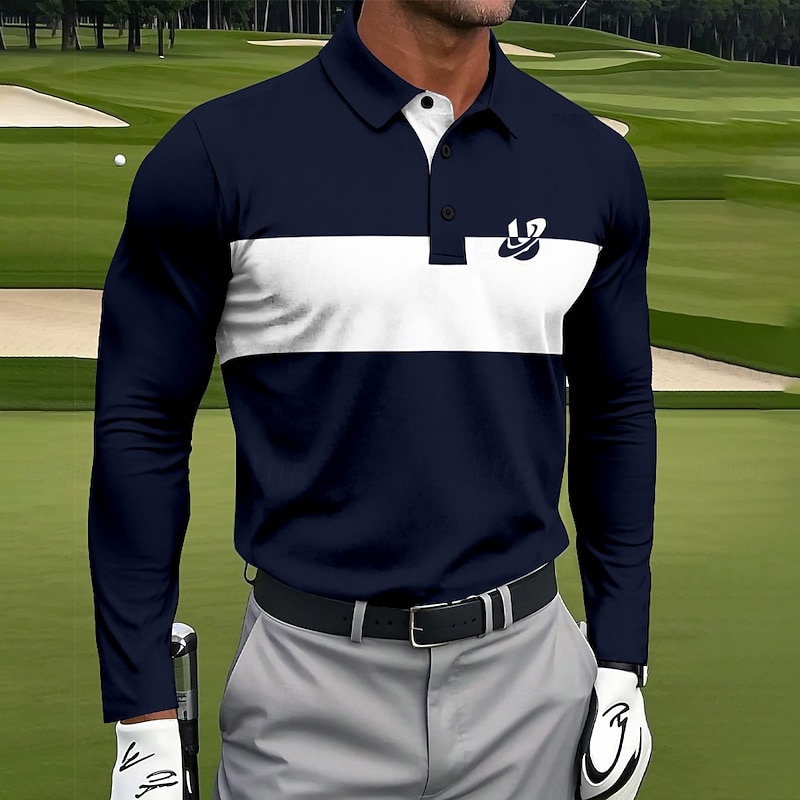 Men's Striped Polo Sports Polo Shirts Long Sleeve Polo Shirts Collared Shirts Sportswear Casual Outdoor Daily Wear 3D Print Spring Fall Winter White Red Navy Blue4