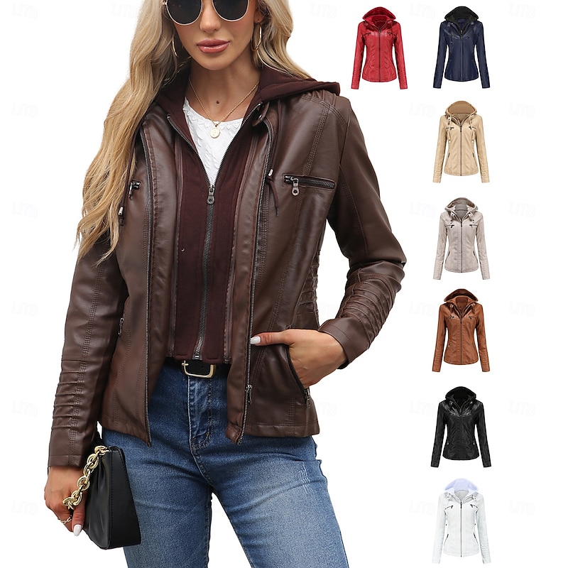 Women's Faux Leather Jacket Comfortable Pocket Full Zip Fashion Street Style Plain Outdoor Casual Daily Regular Hooded Regular Fit Long Sleeve Outerwear Black White Red Spring Fall