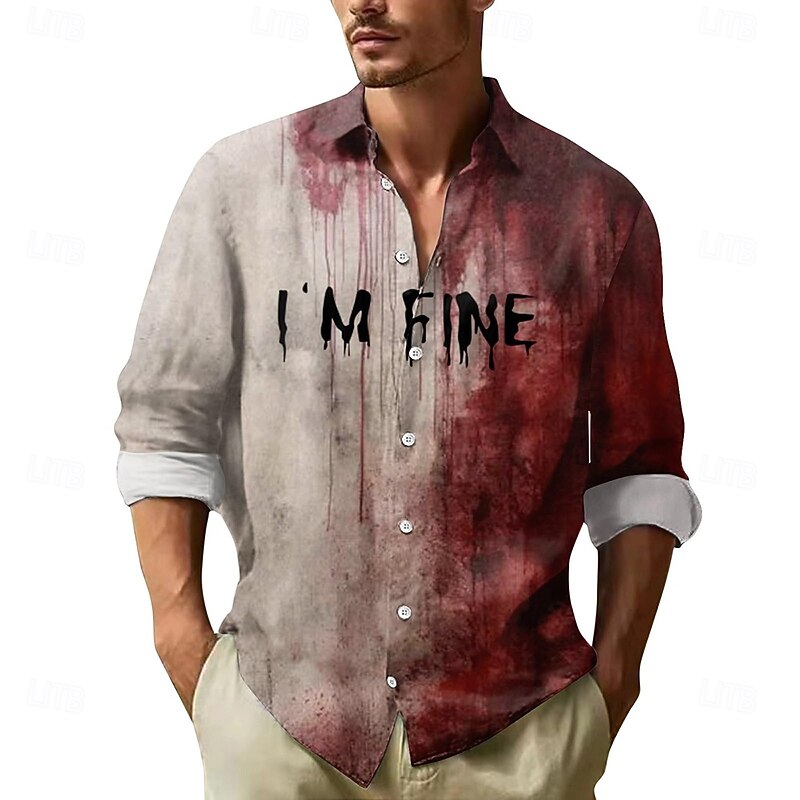 Halloween Men's Blood Splatter Letter Printed Blood stains Shirt Button Up Shirt Long Sleeve Dark Punk Gothic Style Holiday Streetwear Summer Spring Turndown 3D Print Collared Shirts Red 1 Red Red 2